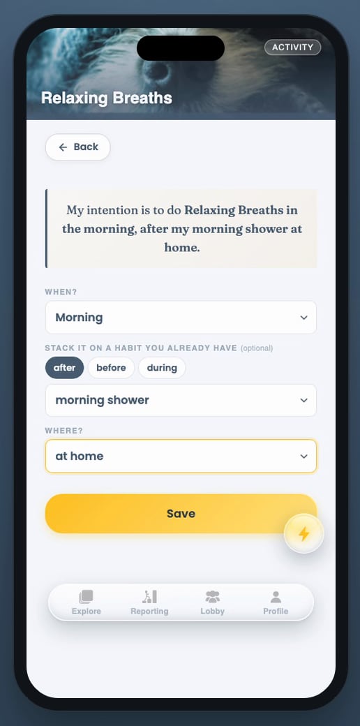 The intention builder with choices for when, after which habit and where