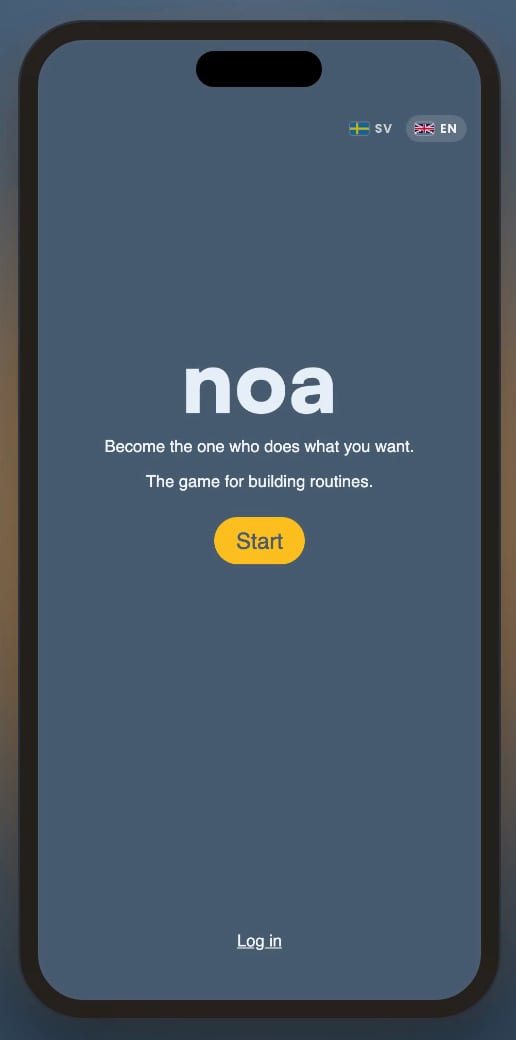 The app start page with the Noa wordmark, the line Become the one who does what you want and the Start button