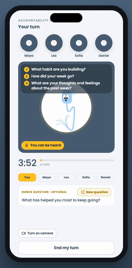 The weekly call with four participants, three questions and a countdown for your turn