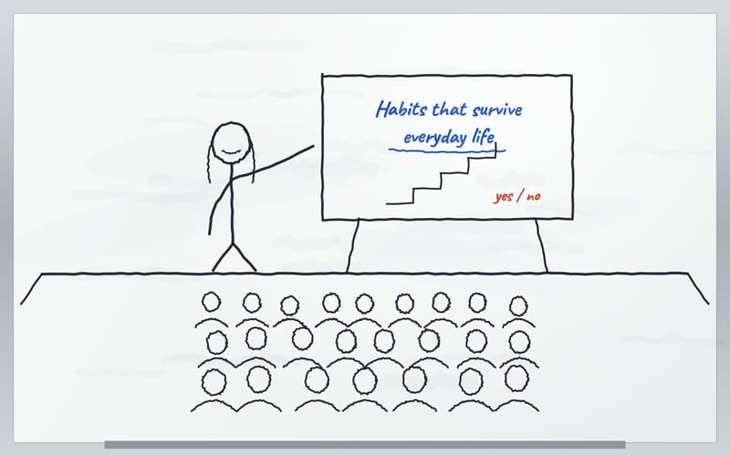 Hand-drawn sketch on a whiteboard: a speaker with long hair points at a board on stage reading Habits that survive everyday life, with the audience seated in rows in front.