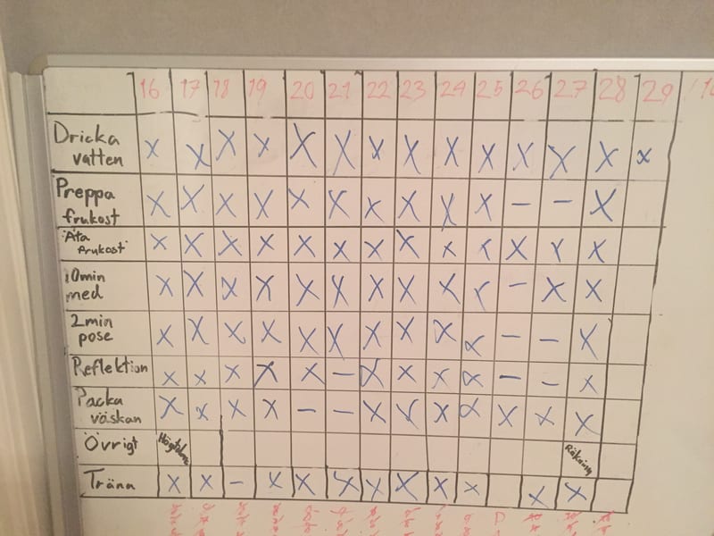 Handskriven whiteboardtavla med nio vanor i rader och datum i kolumner, ifylld med blå kryss för gjorda dagar och streck för de dagar som inte blev av